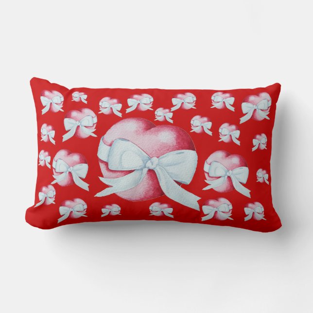 red love heart and white bow romantic design lumbar cushion (Front)