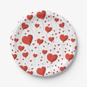 Red Love Heart Balloon Pattern Valentine's Day Paper Plate