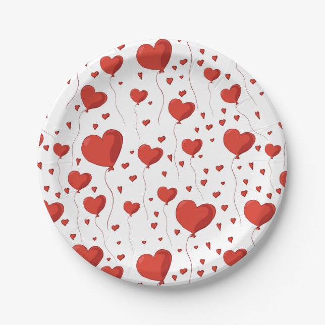 Red Love Heart Balloon Pattern Valentine's Day Paper Plate (Front)