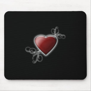 Red Love Heart Glowing Against Midnight Black Mouse Pad