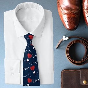 Red Love Heart Navy Blue Typography Valentine Tie