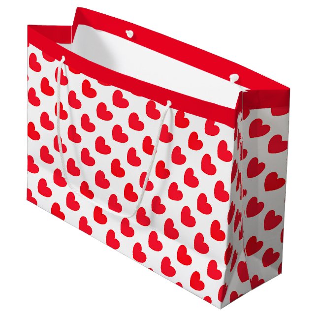 Red Love Heart Pattern on White Large Gift Bag (Front Angled)