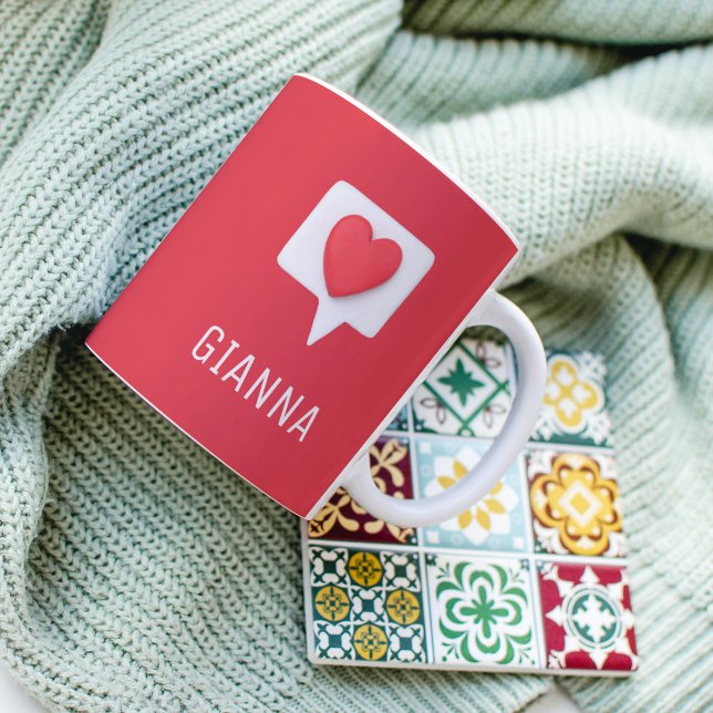 Red Love Heart Romantic Girly Personalised Name Coffee Mug (Creator Uploaded)