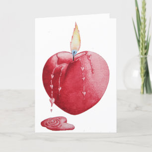 Red love heart shaped romantic burning candle art card
