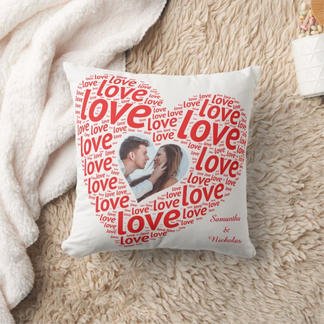 Red "Love Heart" Valentine Typography Photo Frame Cushion (Blanket)