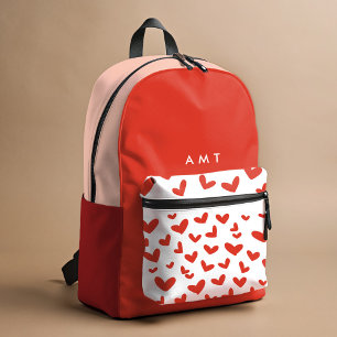 Red Love Hearts Gingham Plaid Personalised Name Printed Backpack