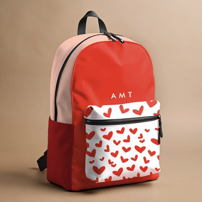 Red Love Hearts Gingham Plaid Personalised Name Printed Backpack (Red hearts personalized school backpack.)