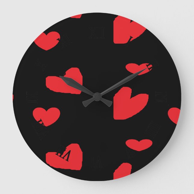 Red love hearts on black large clock (Front)