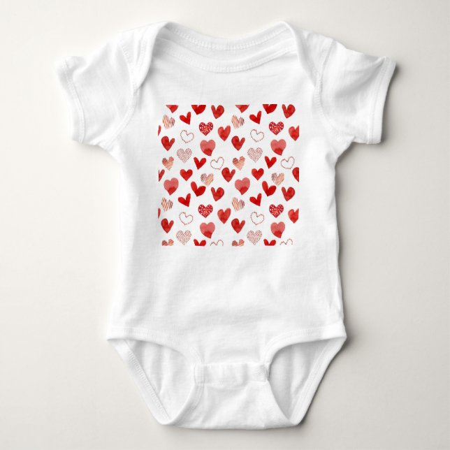 Red love hearts, watercolor pattern. baby bodysuit (Front)