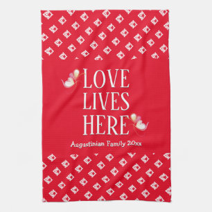 Red   LOVE LIVES HERE   Stylish Personalised Tea Towel