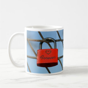 Red Love Lock Padlock with Heart on Fence Coffee Mug