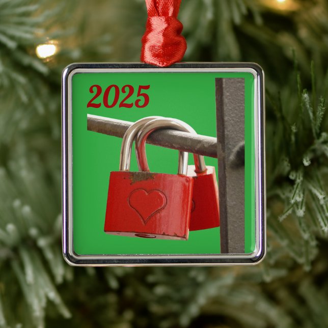 Red Love Locks on Fence Metal Ornament (Tree)