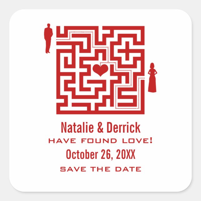 Red Love Maze Save the Date Stickers (Front)