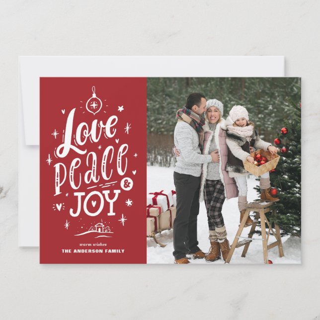 Red Love Peace and Joy Lettering Christmas Photo Holiday Card (Front)