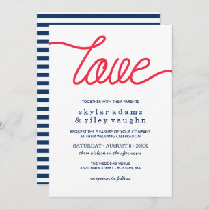 Red Love Preppy Blue Wedding Invitation