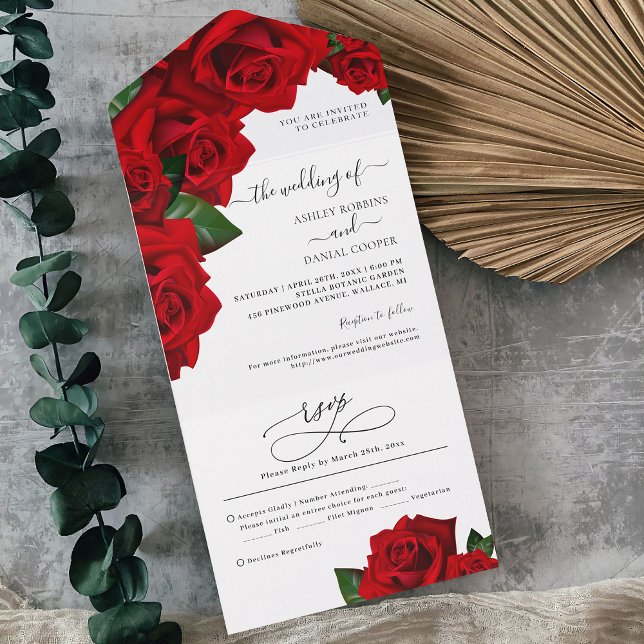 Red Love Roses Wedding All In One Invitation (Creator Uploaded)