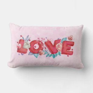 Red Love Text in Bold Block Font Watercolor Lumbar Cushion