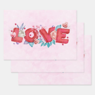 Red Love Text in Bold Block Font Watercolor Wrapping Paper Sheet