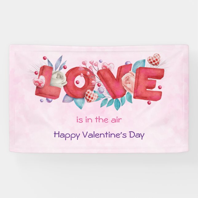 Red Love Text in Bold Block Letters Watercolor Banner (Horizontal)
