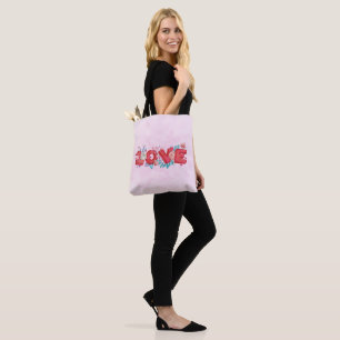 Red Love Text in Bold Block Letters Watercolor Tote Bag