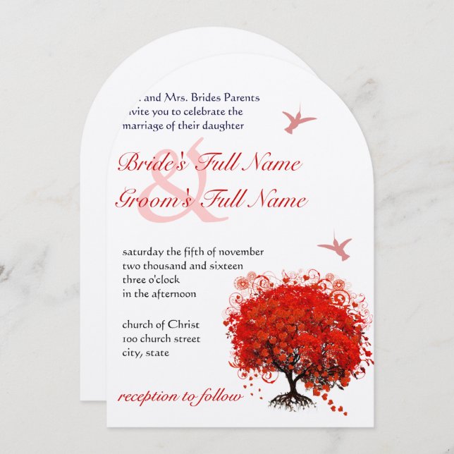 Red Love Tree Birds 5 x 7 Wedding Invitation (Front/Back)