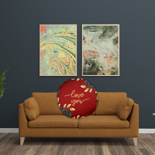 Red Love You With Black and Gold Floral Border Round Cushion
