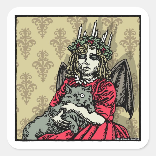 Red Lucia and Cat - Pop Goth Holiday Square Sticker (Front)
