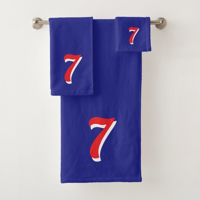 Red Lucky Number Seven on Blue Bath Towel Set (Insitu)