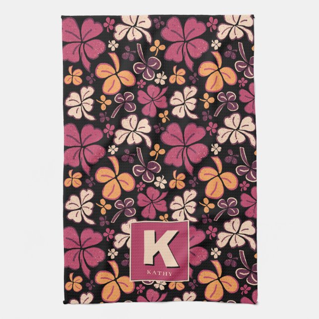 Red Lucky Shamrock Clover Pattern Monogrammed Tea Towel (Vertical)
