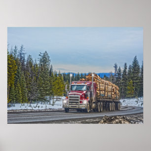 Red Lumber Delivery Truck and Highway Art Poster