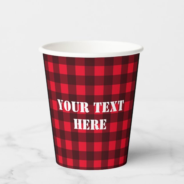Red lumberjack buffalo plaid custom paper cups (Front)
