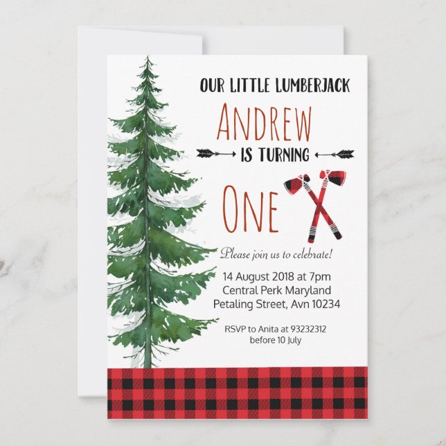 Red Lumberjack First Birthday Party Invitation (Front)