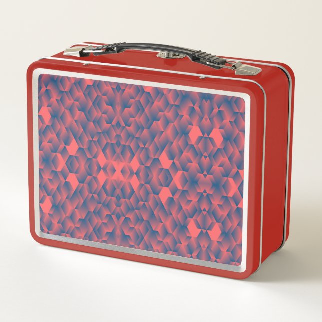Red lunchbox with a geometric blue and pink  (Back)