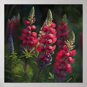 Red Lupine Flower Art Print Poster
