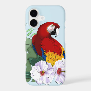 Red Macaw Parrot Tropical White Hibiscus Floral 