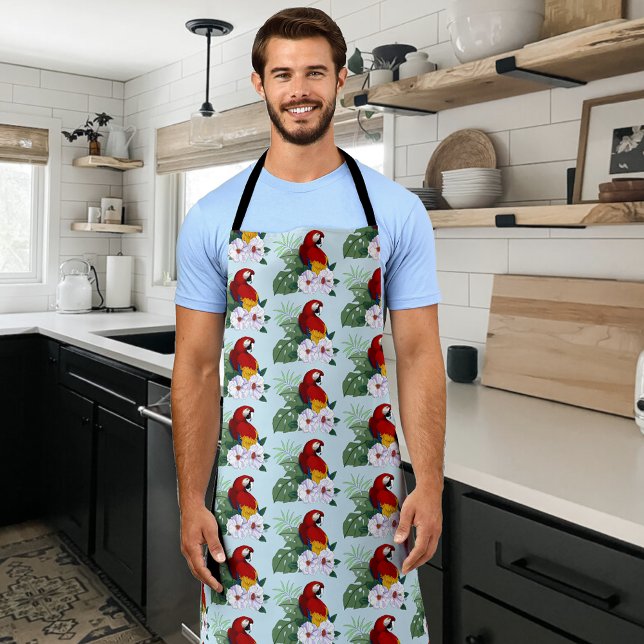 Red Macaw Parrot Tropical White Hibiscus Floral  Apron (Creator Uploaded)