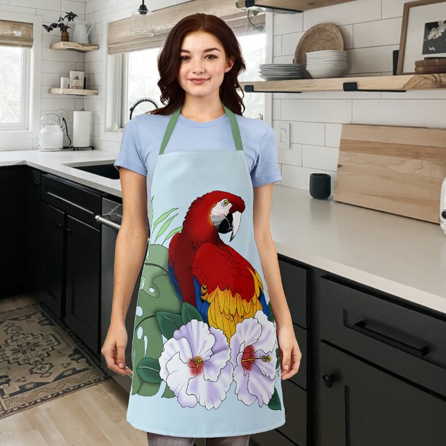 Red Macaw Parrot Tropical White Hibiscus Floral  Apron (Creator Uploaded)