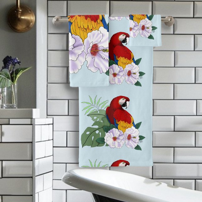 Red Macaw Parrot Tropical White Hibiscus Floral  Bath Towel Set (Creator Uploaded)