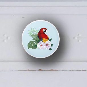 Red Macaw Parrot Tropical White Hibiscus Floral Ceramic Knob