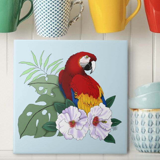 Red Macaw Parrot Tropical White Hibiscus Floral  Ceramic Tile (Creator Uploaded)