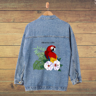 Red Macaw Parrot Tropical White Hibiscus Floral  Denim Jacket