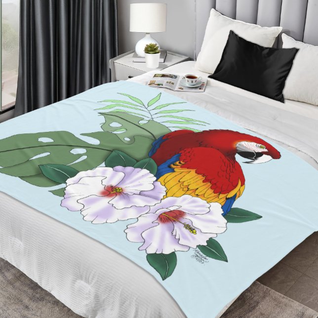 Red Macaw Parrot Tropical White Hibiscus Floral  Fleece Blanket (Creator Uploaded)