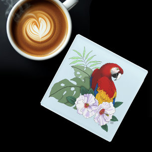 Red Macaw Parrot Tropical White Hibiscus Floral Glass Coaster