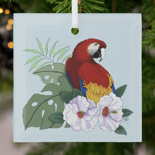 Red Macaw Parrot Tropical White Hibiscus Floral  Glass Tree Decoration