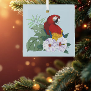 Red Macaw Parrot Tropical White Hibiscus Floral  Glass Tree Decoration