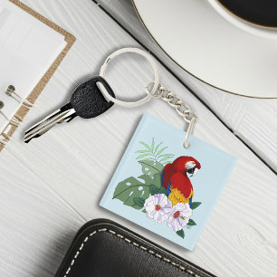 Red Macaw Parrot Tropical White Hibiscus Floral Key Ring