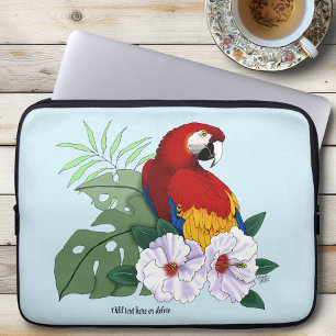 Red Macaw Parrot Tropical White Hibiscus Floral Laptop Sleeve