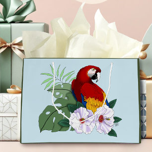 Red Macaw Parrot Tropical White Hibiscus Floral  Large Gift Bag