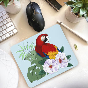 Red Macaw Parrot Tropical White Hibiscus Floral  Mouse Pad