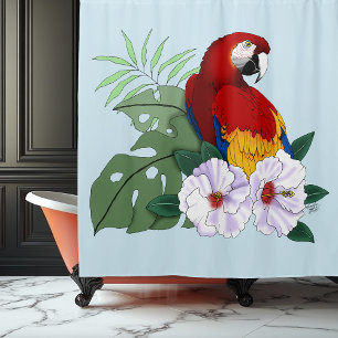 Red Macaw Parrot Tropical White Hibiscus Floral  Shower Curtain